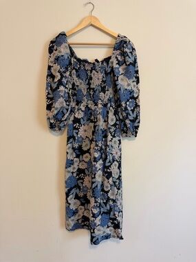 J.Crew Smocked Floral Midi Dress in Blue and Black